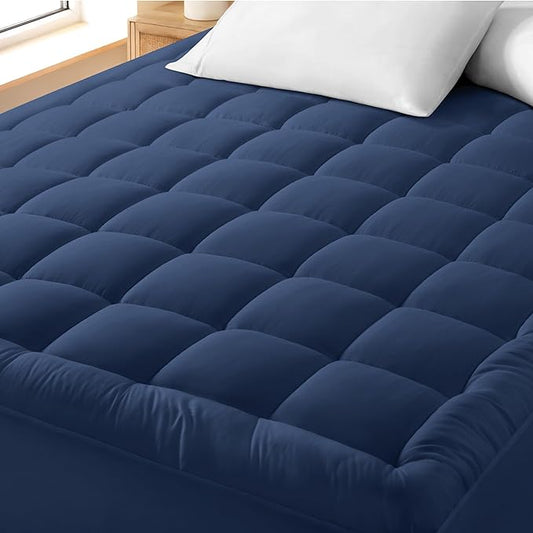 Bare Home Mattress Topper Cotton Top - Twin Extra Long - Plush Topper for Mattress - College Dorm Room Essentials - Cooling Breathable Air Flow - 8" to 21" Deep Pocket - Soft Pad (Twin XL, Dark Blue)