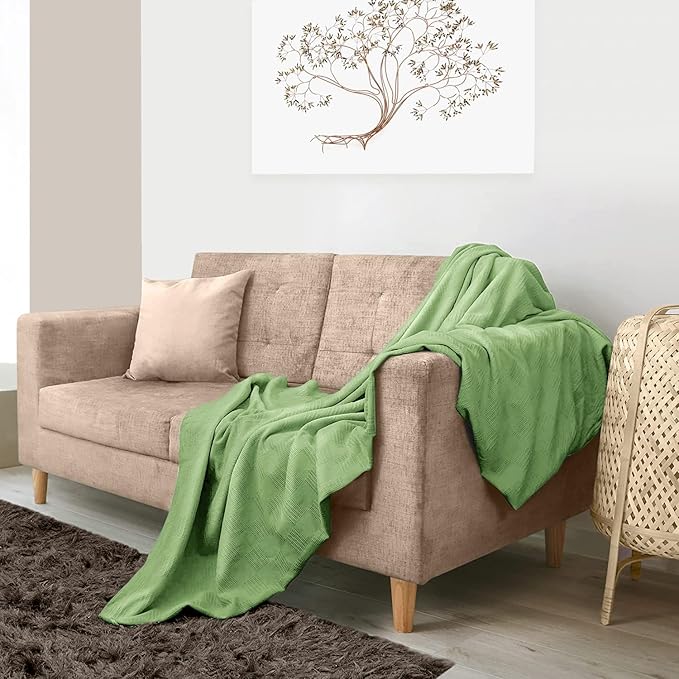 Avalon Bedding 100% Cotton Blankets Queen Size Thermal Blanket (90"x90") - Perfect Cotton Blanket Queen Size for Layering Bed in Any Season - Cotton Blankets for Bed (Green)