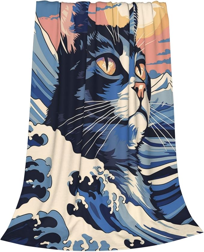 Japanese Painting Cat Blanket Gifts for Cat Lovers Grils Women Kitten Wave Art Flannel Throw Blankets for Home Couch Bed Sofa Soft Fuzzy Lightweight Decor All Season 50x40 Inches