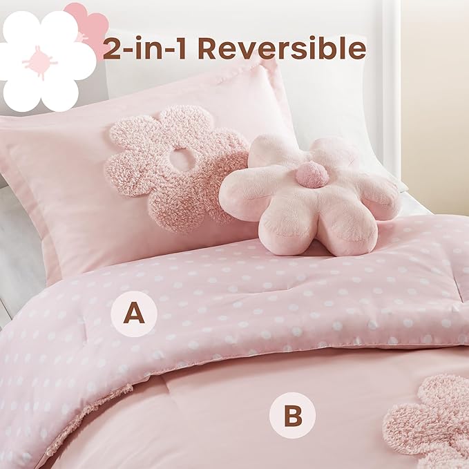 Intelligent Design Kids Twin Comforter Set for Girls, Tufted Chenille Floral Comforter Set Twin, Lightweight Polka Dot Comforter Reversible Bed Set, Sham, Pillow, Gracie, Twin Pink 3 Piece