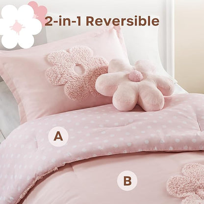 Intelligent Design Kids Twin Comforter Set for Girls, Tufted Chenille Floral Comforter Set Twin, Lightweight Polka Dot Comforter Reversible Bed Set, Sham, Pillow, Gracie, Twin Pink 3 Piece