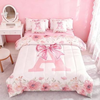 Erosebridal Initial Letter A Beding Sets for Kids Girls Teen Twin, Pink Bow Tie Bowknot Bed in A Bag, Spring Fresh Style Comforter Set with Sheets Soft Breathable Microfiber Bed Set Bedroom Decor