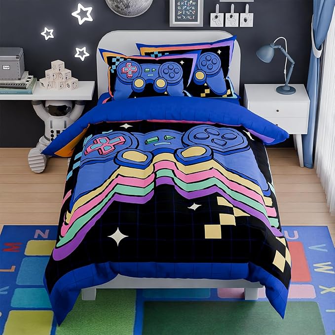 SANDJEST Gamer Comforter Sets for Boys, Ultra Soft Microfiber Comforter Set with 3-Pieces, Video Game Bedding Sets for Kids Children Boy Bedroom Decor
