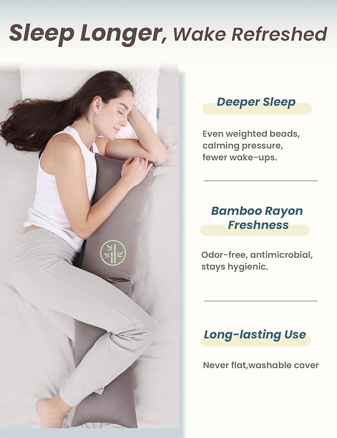 ZonLi Weighted Body Pillow with Bamboo Cover(41" x 10") 6.5lbs, Quilted Glass Beads Body Pillows for Adults Weighted Pillow for Deep Sleepers, Full Body Pillow for Side Sleepers,Memory Foam Pillow