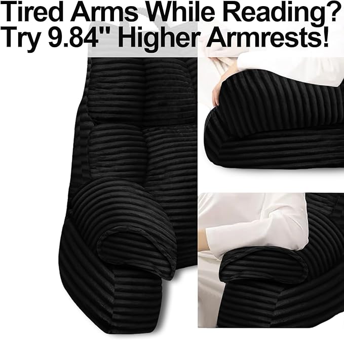 RRPAHWTV Reading Pillow for Bed with High Arm Rests,Back Support Pillow for Sitting Up in Bed with Shredded Memory Foam for Reading, TV, Gaming or Relaxing on Floor（Ink Black，Small）