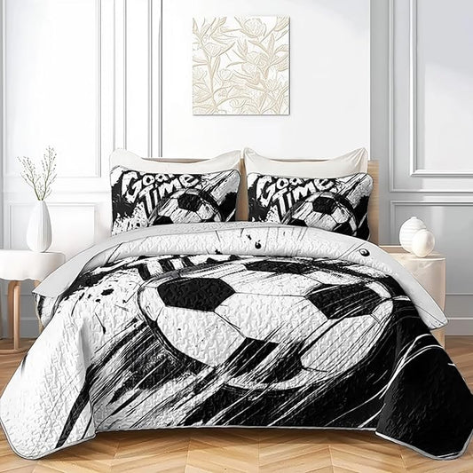AILONEN Kids Soccer Quilt Set Full Size,Graffiti Football Black White Bedspread Coverlet for Boys Girls,Sports Soccer Ball Game Quilt & 2 Pillowcases,3-Piece