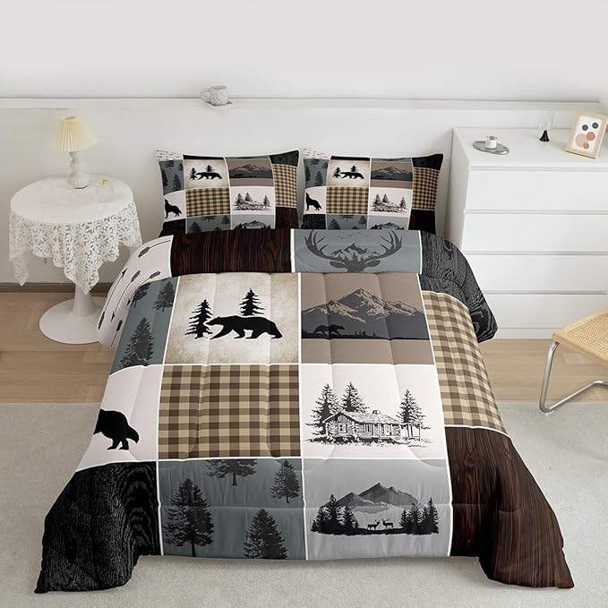 Bear Deer Comforter Set King Size,Brown Geometric Check Patchwork Bedding Set Wild Animals Hunt Adventure Quilted Duvet Boys Girls Men Teens Bedroom Decor Rustic Country Cabin Duvet Insert 3pcs