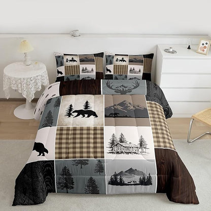Bear Deer Bedding Set Full Size,Brown Geometric Check Patchwork Comforter Set Wild Animals Hunt Adventure Quilted Duvet Boys Girls Men Teens Bedroom Decor Rustic Country Cabin Duvet Insert 3pcs
