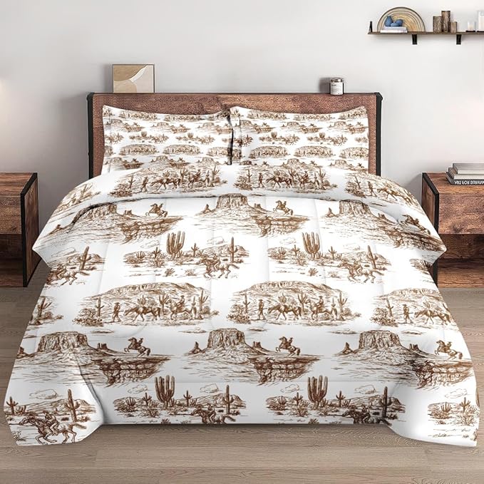 King Size Comforter Set with 2 Pillowcase, American Desert Cowboy Soft 3 Pcs Bedding for Kids and Adults, Western Country Vintage Comforter Set for Room Bedroom Bed Decor