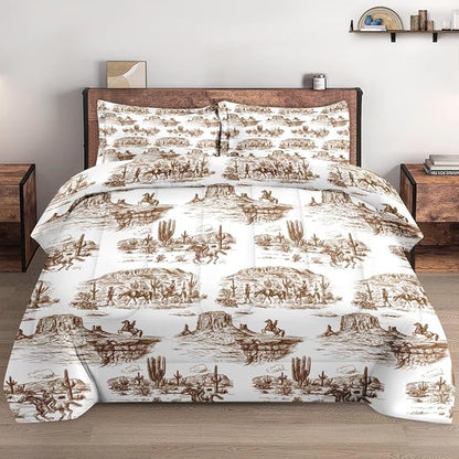 Full Size Comforter Set with 2 Pillowcase, American Desert Cowboy Soft 3 Pcs Bedding for Kids and Adults, Western Country Vintage Comforter Set for Room Bedroom Bed Decor