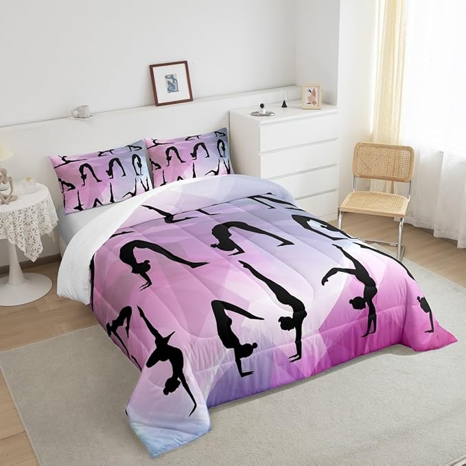 Gymnastics Bedding Set Full Size,Dancing Lover Silhouette Comforter Set 3pcs for Kids Girls Woman Gymnast Room Decor,Cheerleading Sports Quilt Set Pink White Duvet Insert with 2 Pillowcases