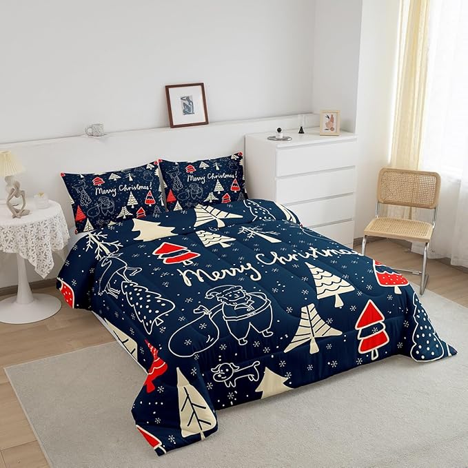 Erosebridal Cartoon Snowman Deer Comforter Set for Kids Boys Girls,Xmas Pine Tree Bedding,Merry Christmas Comforter Sets,Winter Festivals Duvet Insert with 2 Pillowcases Lightweight,Full