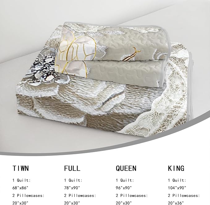 AILONEN Honey Bee Full Size Quilt Set,Beautiful Gold Diamond Bee Bedspread Coverlet + 2 Pillowcases,3Pcs Animal Themed Flower Pearl Printed White Bed Cover for Girls