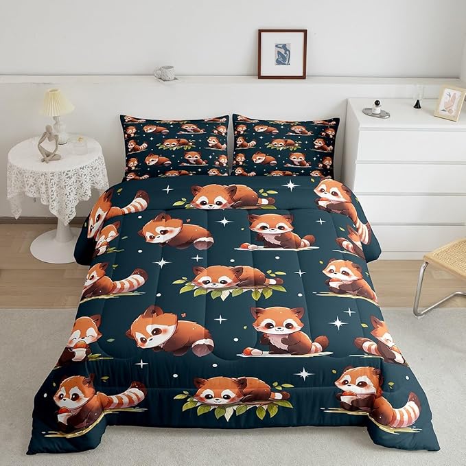 Cartoon Raccoon Comforter Set Cute Brown Wild Animals Hippie Bedding Comforter for Kids Boys Girls Teens Watercolor Green Leaves Dreamy Bedroom Quilt Set with 2 Pillowcases King Size 3 Pcs