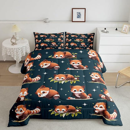 Cartoon Raccoon Comforter Set Cute Brown Wild Animals Hippie Bedding Comforter for Kids Boys Girls Teens Watercolor Green Leaves Dreamy Bedroom Quilt Set with 2 Pillowcases Queen Size 3 Pcs