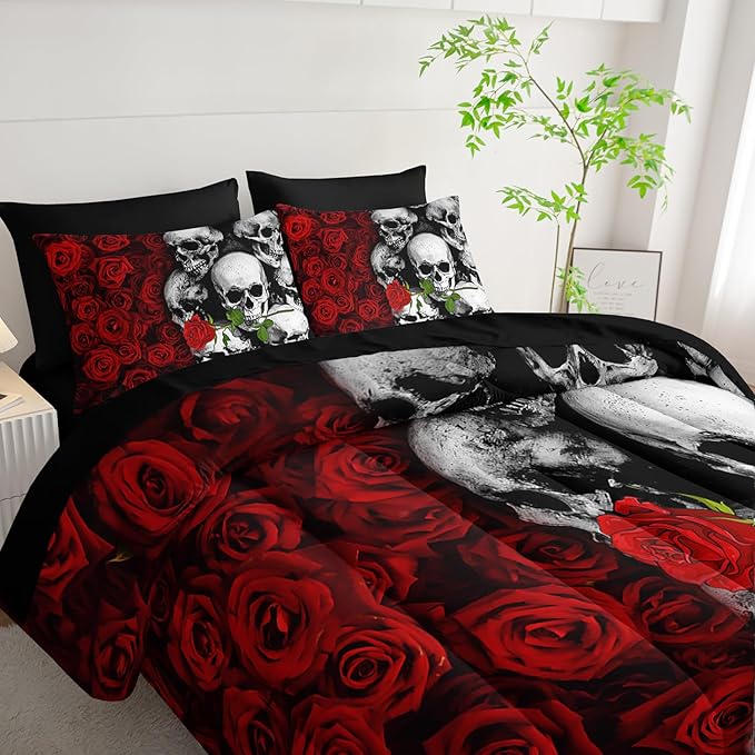 Black Skull Comforter Set 7 Piece Queen Size Bed in A Bag,Goth Bedding for Room Decor,Soft Western Comforter Boho Hippie Bedding with Fitted Sheet,Flat Sheet, Pillowcases & Shams