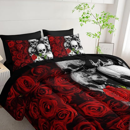 Black Skull Comforter Set 7 Piece King Size Bed in A Bag,Goth Bedding for Room Decor,Soft Western Comforter Boho Hippie Bedding with Fitted Sheet,Flat Sheet, Pillowcases & Shams