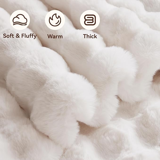 Heated Blanket King Size with 1/2/4/6/8 Hours Auto-Off 10 Heat Level, 91'' * 101'' Cozy Faux Rabbit Fur Bubble Electric Blanket with Overheat Protection(White)