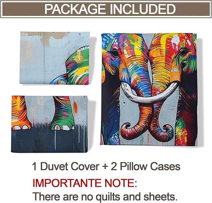 Elephant Duvet Cover Full Size, Fun Colorful Elephant Bedding Set 3 Piece Bedroom Decor Wildlife Graffiti Art Comforter Cover with Zipper Ties & 2 Pillowcases