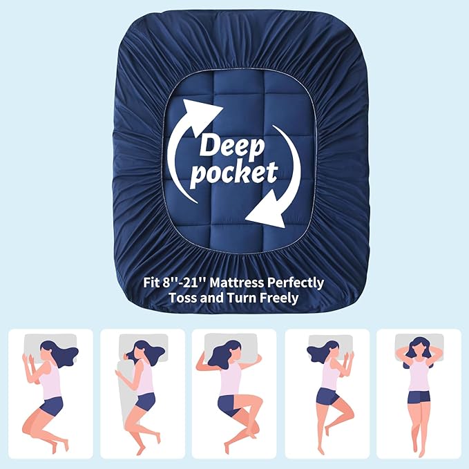 Mattress Topper with Deep Pocket, Extra Thick Pillow Top Mattress Pad, Breathable & Cooling Mattress Cover, Fits 8-21 Inch, Soft Support for Back Pain Relief, Mattress Protector (Queen, Navy Blue)