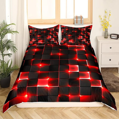 Castle Fairy Abstract Bedding Set King Size for Teens,3D Modern Cool Geometric Grid Square Comforter Cover with 2 Pillowcases,Shiny Red Neon Light Black Duvet Cover Set Microfiber Quilt Cover