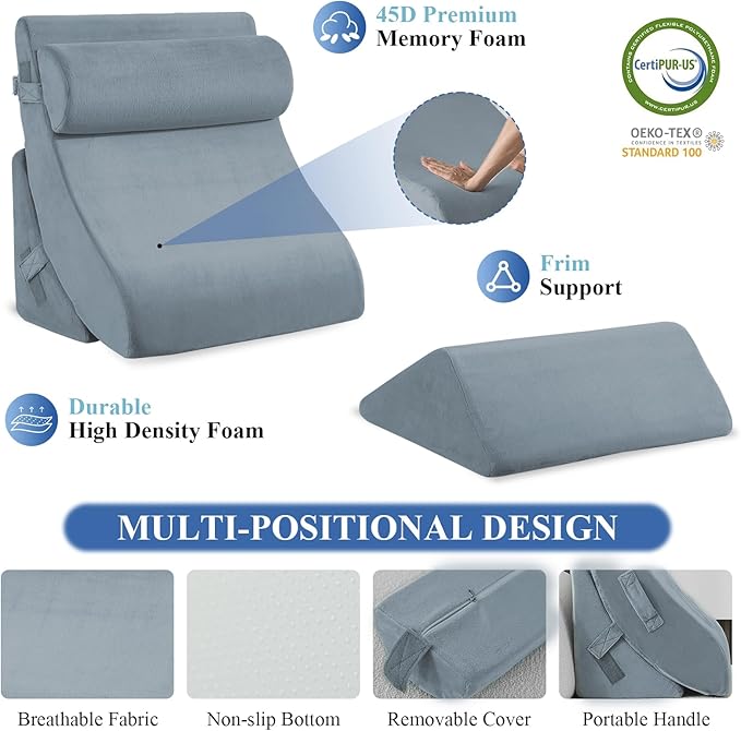 4PCS Orthopedic Bed Wedge Pillow Set, Post Surgery 45D Memory Foam for Back, Neck, and Leg Pain Relief Pleasing & Adjustable Support Pillows-Ease Acid Reflux & GRED with Better Sleep, Navy