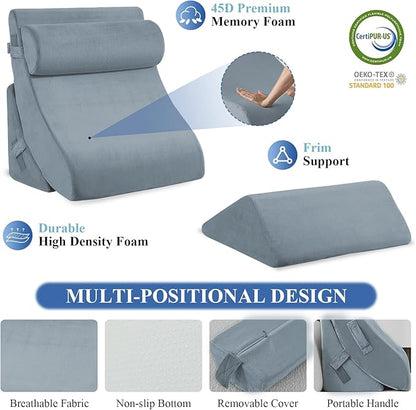 4PCS Orthopedic Bed Wedge Pillow Set, Post Surgery 45D Memory Foam for Back, Neck, and Leg Pain Relief Pleasing & Adjustable Support Pillows-Ease Acid Reflux & GRED with Better Sleep, Navy