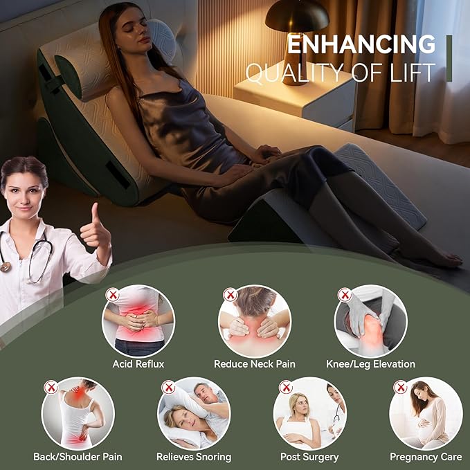 Newgoo Wedge Pillow Set for After Surgery, 5PCS XL Bed Wedge Pillow for Sleeping, Memory Foam Orthopedic Back Pillow for Pain Relief and Acid Reflux, Adjustable Post Surgery Pillow Green