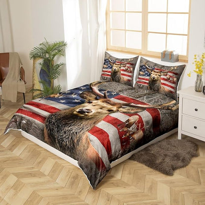 Wild Deer Duvet Cover Set Twin Size, Animal Deer Antler Tree Branch Nature Soft Bedding Set, Rustic American Flag Stars and Stripes Print Polyetser Quilt Cover with 1 Pillowcase (No Comforter)