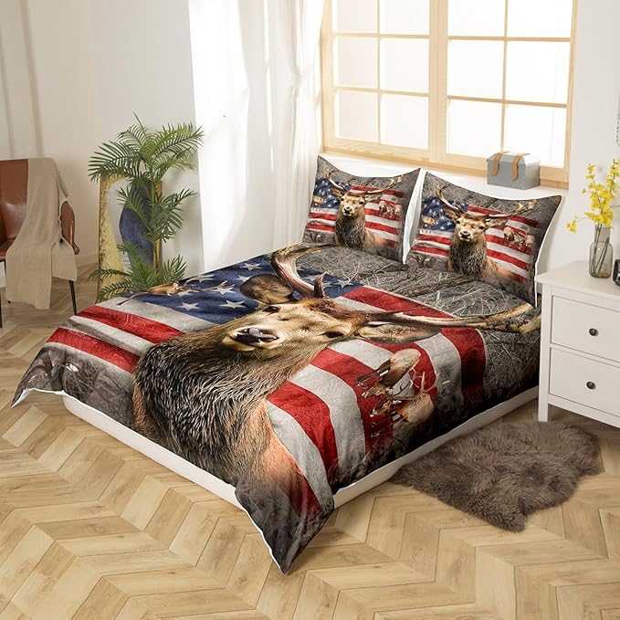 Deer Antler Wildlife Duvet Cover Set King Size, Rustic Animal Tree Branch Natural Bedding Set with 2 Pillowcases, Red Blue Stripes Stars American Flag Print Quilt Cover for Bedroom (No Comforter)