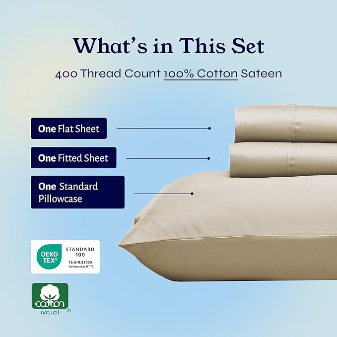 California Design Den Twin XL Sheet Sets - 400 Thread Count Sateen, 100% Cotton Bed Sheets, Deep Pockets, Soft & Breathable, and Durable Bedding Set - Beige (Golden Tone)