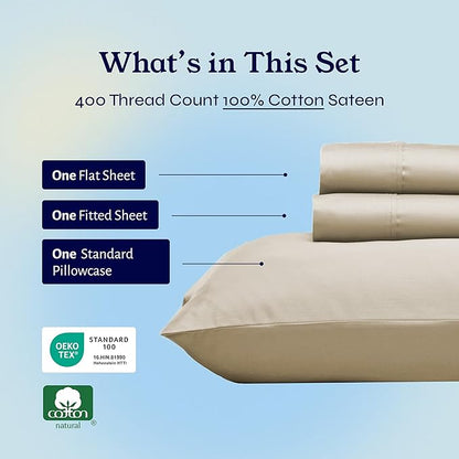 California Design Den Twin XL Sheet Sets - 400 Thread Count Sateen, 100% Cotton Bed Sheets, Deep Pockets, Soft & Breathable, and Durable Bedding Set - Beige (Golden Tone)
