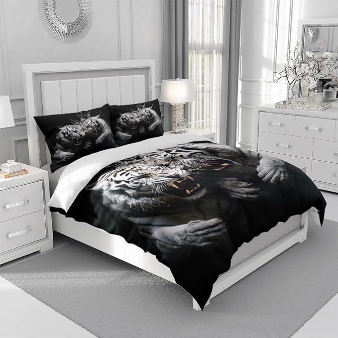 Cartoon Tiger Bed Sheets Full Size with 2 Pillow Cases Standard Size, Fitted Flat Sheet for Kids Boys Teens Adult Bedroom Decor, Animal Bed Sheets Floral Petal Country Bedding Decor