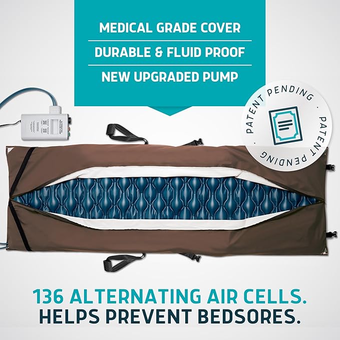 Lunderg Alternating Air Pressure Pad for Recliner Chair - Pressure Relief Cushion Topper for Recliner - Bed Sore Prevention - Medical Grade Mattress Pad, Cover & Quiet Pump - Home or Hospital (Coffee)
