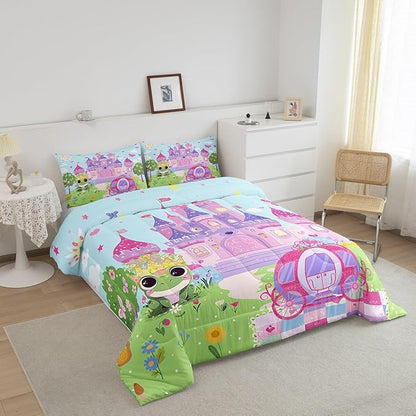 jejeloiu Cartoon Castle Bedding Set Queen Size Girls Pink Green Comforter Set for Kids Teens Princess Style Duvet Set Pumpkin Carriage Quilt Set 3Pcs