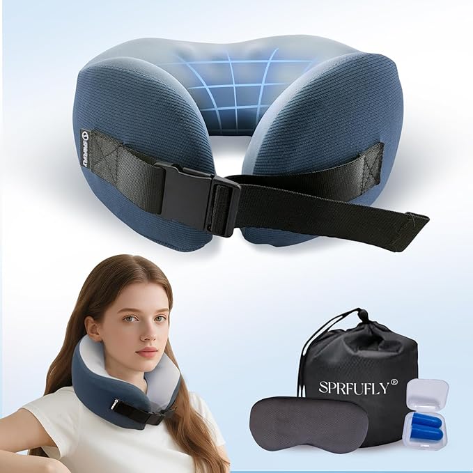 SPRFUFLY Super Soft Travel Pillow, 100% Memory Airplane Pillow with Sleep Mask and Ear Plugs, Breathable Removable Cover & Ergonomic Design - Essentials Neck Pillow for Airplane, Office & Home Use
