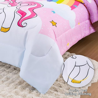 Unicorn Queen Bedding Sets for Girls Kids Teens, 8 Piece Bed in a Bag Purple Rainbow Theme Unicorn Comforter Set Bedroom Decor with Printed Sheet Set