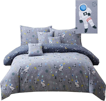 Brandream Boys Outer Space Astronaut Bedding Kids Bedding Sets Twin Size Grey 100% Cotton Duvet Cover Sets Reversible Zipper Closure