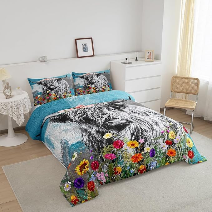 Feelyou Highland Cow Comforter Set Bull Cattle Floral Print Comforter for Kids Girls Teens Decor Cute Animal Wildlife Farmhouse Bedding Set Teal Grey Quilt Set with 2 Pillowcases 3Pcs Bedding Full