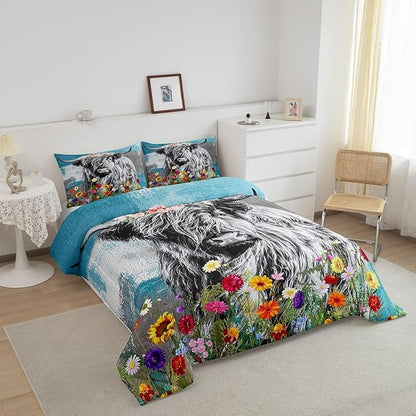 Feelyou Highland Cow Comforter Set Bull Cattle Floral Print Comforter for Kids Girls Teens Decor Cute Animal Wildlife Farmhouse Bedding Set Teal Grey Quilt Set with 2 Pillowcases 3Pcs Bedding King