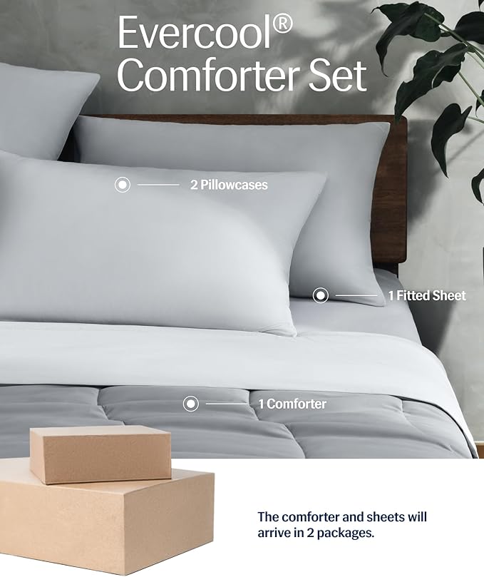 Rest® Evercool®+ Cooling Comforter Set, Full Size Light Gray, 4pcs with Cooling Blanket, Wrinkle-Free Deep Pocket Fitted Sheet, 2 Silver-Infused Pillowcases for Skin and Hair Bed Set for Ultra Comfort
