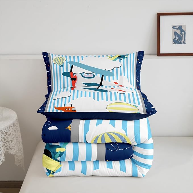 Airplane Kids Bedding Cartoon Aircraft Design Comforter Set Toddler Size Boys Girls Colorful Planes Hot Air Balloon Bed Set Blue and White Sketch Lines Kawaii Clouds Quilt with 1 Pillowcase