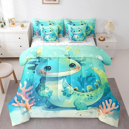 Feelyou Cute Axolotl 7 Piece Bedding Set King Size Cute Blue Teal Axolotl for Kids Boys Girls Teens Toddler Ocean Animal Bed in a Bag Comforter Set with Sheets Cartoon Bed Set