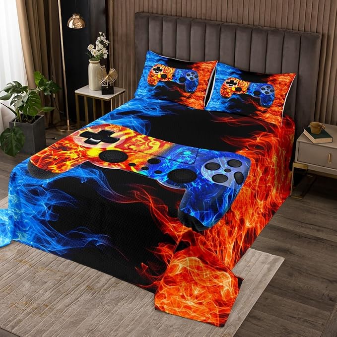 Erosebridal Flame Gaming Bedspread for Boys Twin,Teens Wolf Gamer Room Decor Quilted Game Console Coverlet Set,Kids Gamepad Video Games Bedroom Decor,Blue Orange