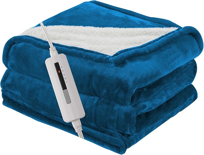 Electric Heated Blanket Throw Size 50"x60", 5 Heat Settings- 3H Auto Shut Off Flannel Material&Sheepskin Fabric, Machine Washable, Lake Blue&White