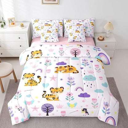 Erosebridal Floral Tiger 7 Pieces Bedding Set Cartoon Zoo Animal Queen Comforter Set with Sheets for Boys Girls Kids Room Decor Cute Flower Bed in a Bag Zoo Zoo Animal Bed Set
