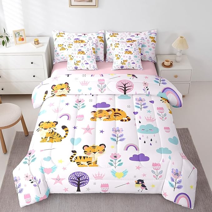 Erosebridal Floral Tiger 7 Pieces Bedding Set Cartoon Zoo Animal Twin Comforter Set with Sheets for Boys Girls Kids Room Decor Cute Flower Bed in a Bag Zoo Zoo Animal Bed Set