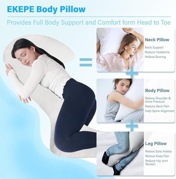 Body Pillow with Cover, 68 Inches Memory Foam Full Body Pillow for Side Sleeper, Long Pregnancy Pillow with Contour Support for Back, Knee, Leg Relief - Medium White