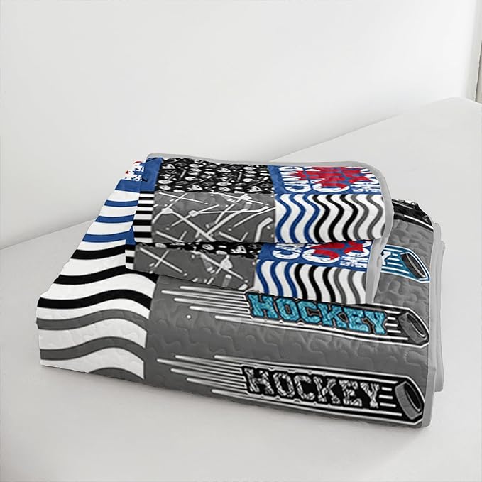 QOOMO Ice Hockey Quilt Set King Size,Sports Bedspread Coverlet Set,Ice Hockey Player 3Pcs Bedding Set Printed Quilt with 2 Pillowcases,Soft and Lightweight,for All Seasons