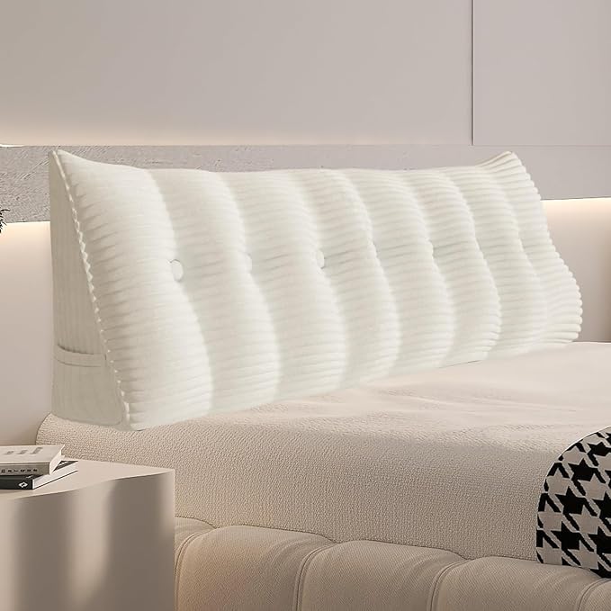 Daneey Headboard Pillow King, Triangular Wedge Headboard Pillow with Soft Corduroy Fabric, Wedge Bed Backrest Pillow for Sitting Up, Reading or Working, Long Bolster Pillow with Removable Cover, White